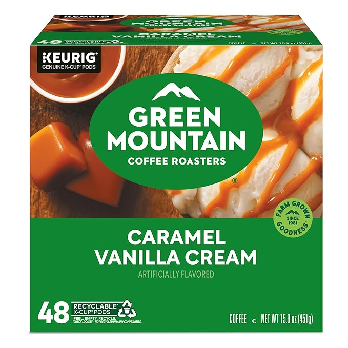 Green Mountain Coffee Roasters Caramel Vanilla Cream Single-Serve Keurig K-Cup Pods Flavored Light Roast Coffee Pods 48 Count