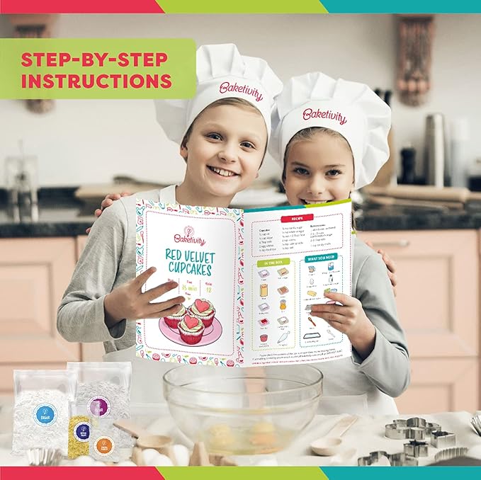 Baketivity Kids Baking Set Meal Cooking Party Supply Kit for Teens Real Fun Little Junior Chef Essential Kitchen Lessons Includes Pre-Measured Ingredients (Baketivity Kit Red Velvet)
