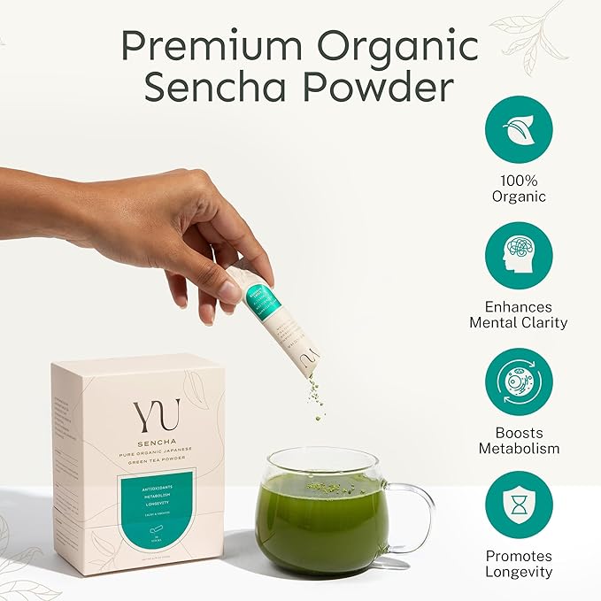Yu Tea Organic Sencha Green Tea Powder 100 Servings | Rich in Antioxidants EGCG &amp L-Theanine | Pure Japanese First Harvest Leaf | Low Caffeine &amp Unsweetened | Resealable Pouch 2.65 oz