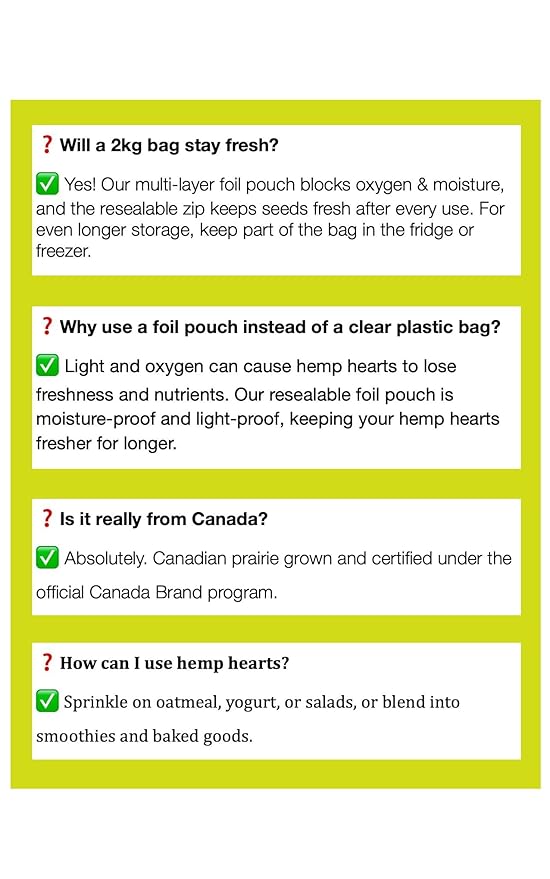 SUNYEAH Canadian Hemp Hearts - 2kg of Pure Prairie Saskatchewan Harvest Shelled Hemp Seeds Perfect for Smoothies Yogurt and Salads - Non-GMO Vegan Keto Gluten-Free(Pack of 1)
