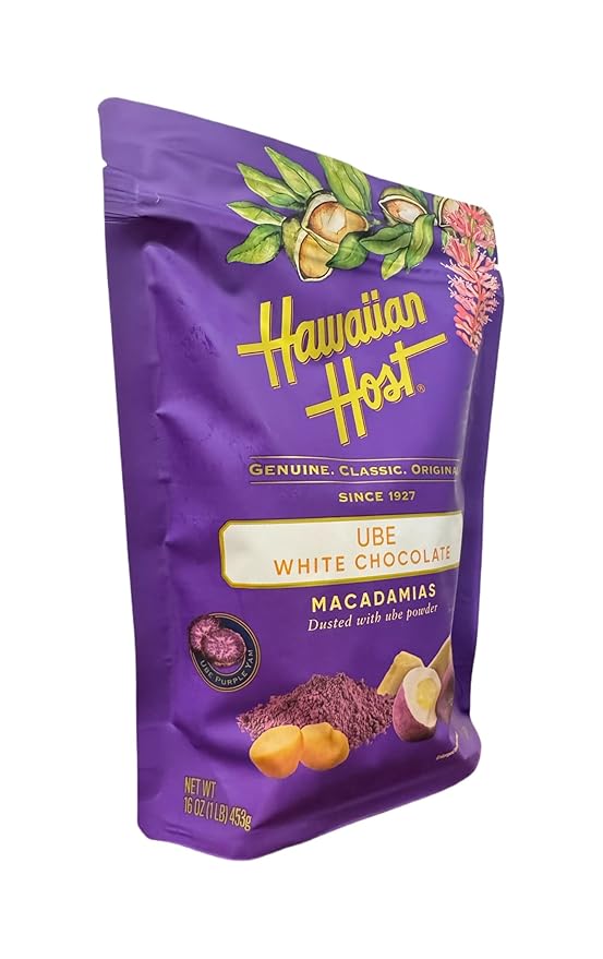 Hawaiian Host Ube White Chocolate Macadamia Nuts Creamy White Chocolate with Ube Powder Premium Hawaiian Candy Resealable 16 oz Bag