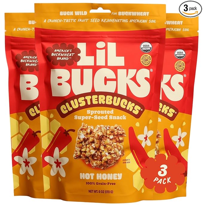 Clusterbucks Superfood Clusters – Grain-Free Keto-Friendly Snack Bites with Regeneratively Grown Sprouted Buckwheat– Gluten-Free Low-Carb Organic Healthy Snack (3-Pack Hot Honey)