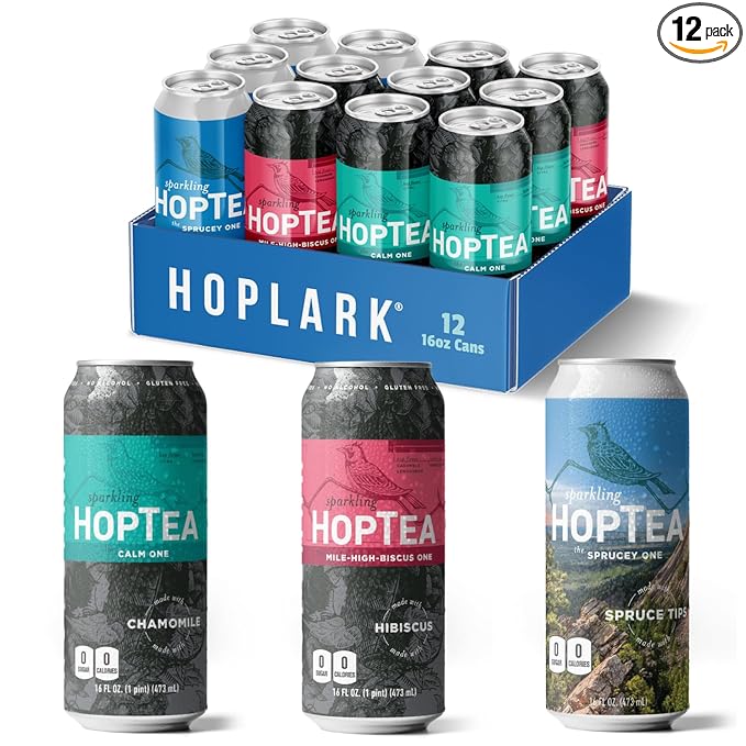 HOPLARK Sparkling HopTea – The RELAX PACK – Tall 16fl oz cans (Pack of 12) – Sampler Variety Pack with Chamomile Hibiscus and Spruce Tips – Zero Calorie – Unsweetened