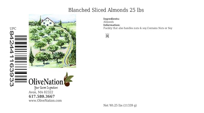 OliveNation Blanched Sliced Almonds Skinless Unsalted Healthy High Fiber Nuts for Baking Cooking Decoration Snacking  Non-GMO Gluten Free Kosher Vegan - 25 pounds