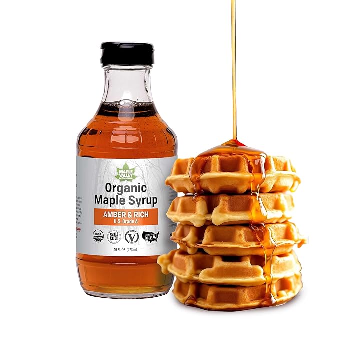 Maple Valley Organic Pure Maple Syrup Amber &amp Rich Better Than Pancake Syrup Use for Coffee or All-Natural Sugar Substitute in Cooking and Baking (16oz Glass Bottle)