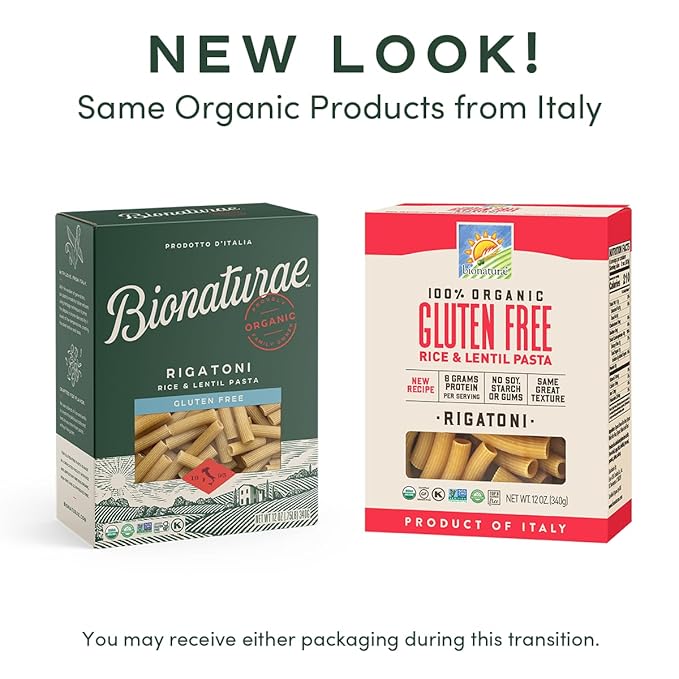 Bionaturae Rigatoni Pasta Noodles - Gluten Free Rigatoni Pasta Organic Rice &amp Lentil Pasta Kosher High Protein Non-GMO Gluten Free Pasta Organic Crafted in Italy - 12 Oz 4 Pack