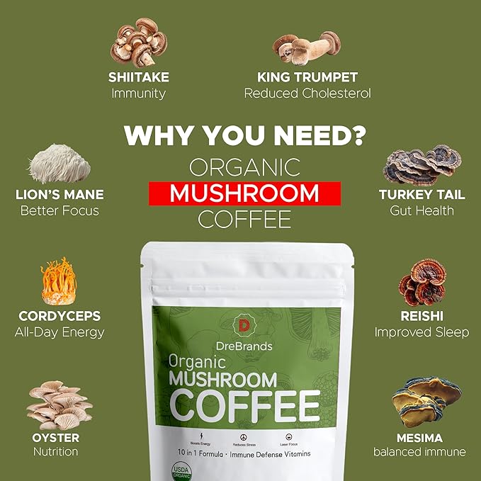 DreBrands Mushroom Coffee |10 in 1 Organic Mushrooms | USDA Organic | Instant Coffee | Wood Ear | Better Energy Focus Digestion Immunity | Shiitake Lion’s Mane Turkey Tail | 15 Servings