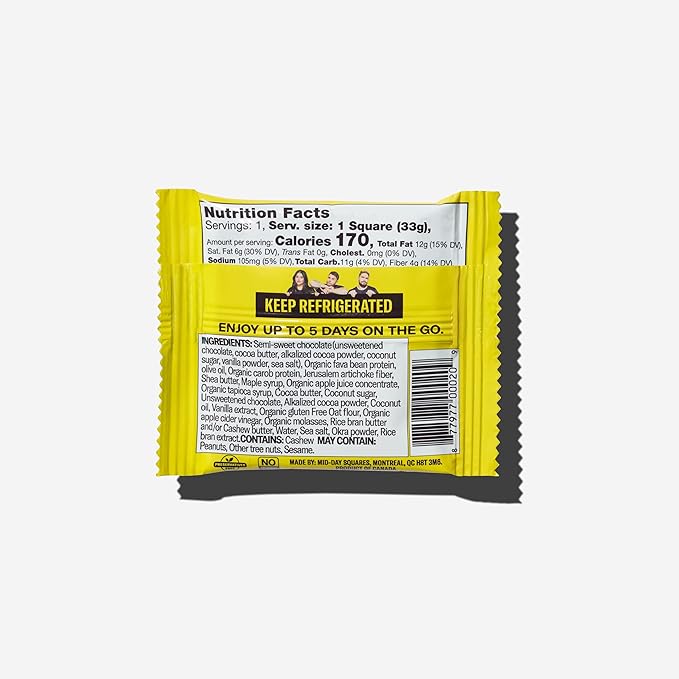 Mid-Day Squares Cookie Dough Protein Chocolate Bars 1.16 Oz each 3 Packs (36 Squares) | Made with Real Chocolate 6g Plant Protein 4g Fiber Gluten Free Plant-Based