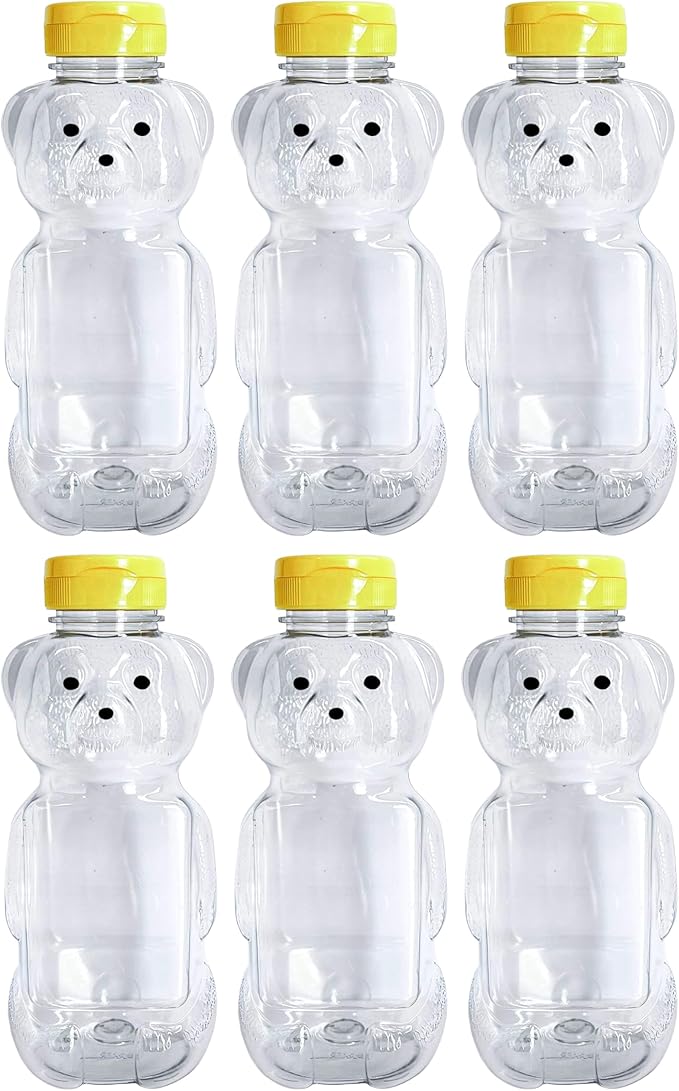 6 Pack of 24 Ounce Honey Bears with Sealable Yellow Flip Top Lids (24 oz. Bear 6pk Yellow)