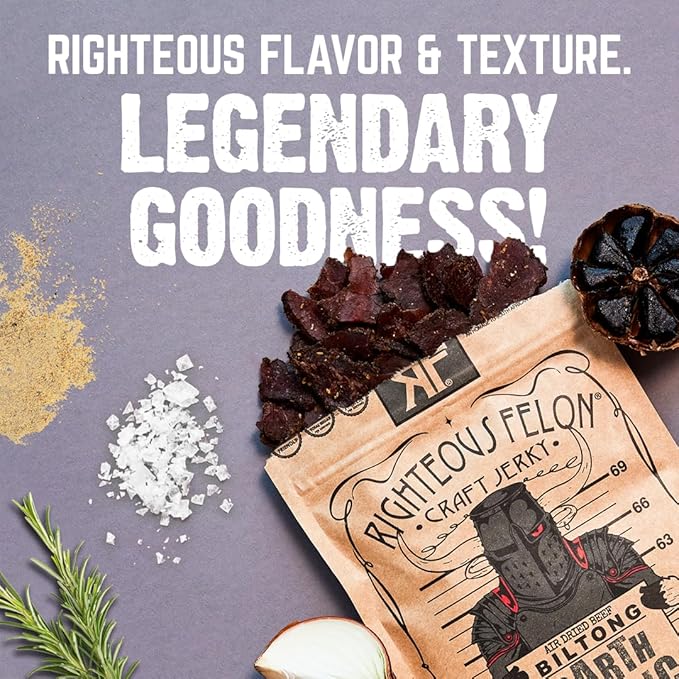 Righteous Felon Air Dried Biltong Beef Snack | KETO and PALEO | Gluten Free + High Protein | Hormone Free All Natural Biltong with No Artificial Flavors Antibiotics or Preservatives - 3 Pack