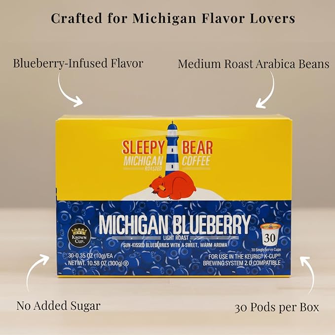 Sleepy Bear Coffee Pods Medium Roast Arabica Rich Flavor Michigan-Made Smooth &amp Sweet No Sugar Added 30ct Pods Compatible with Single-Serve Brewers (Michigan Blueberry Coffee)