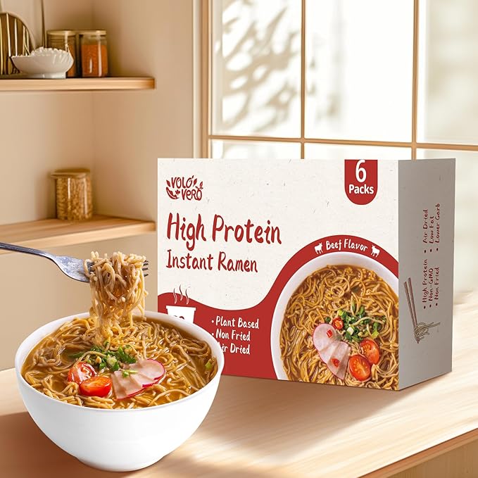 VOLO VERO High Protein (32g) Instant Ramen Spicy Beef Flavor Soup Cup 6 Packs Vegan Noodles Asian Plant-Based Non-Fried Low Fat Non-GMO Egg &amp Dairy Free Quick Healthy Meal Holiday Gift