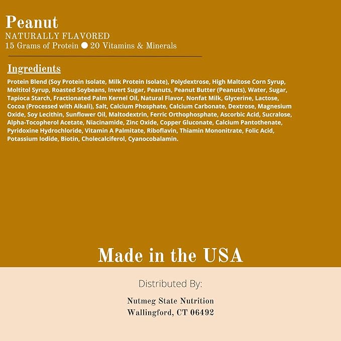 Nutmeg State Nutrition - High Protein Snack Bars 15g Protein 160 Calories Low Sodium 18g Carbs 5g Fiber 7 Servings Per Box (Peanut)
