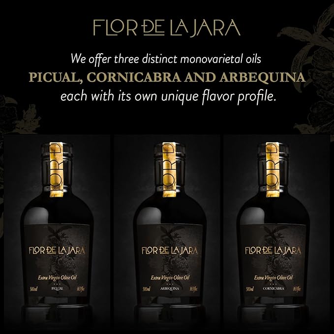 FLOR DE LA JARA Premium Extra Virgin Olive Oil from Spain First Cold Pressed Polyphenol-Rich Monovarietal Picual Hand-Harvested Olives Family-Owned Grove Low acidity (01%) 16.9 fl oz (500ml)