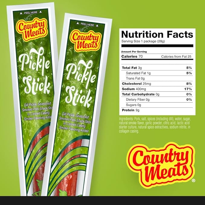 Country Meats Meat Sticks 0 Trans Fat USDA Certified Good Source of Protein Carb Conscious Snack (24 Meat Sticks Pickle)