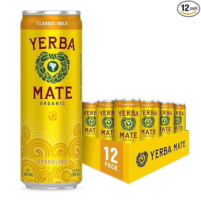 Yerba Madre Organic Organic Sparkling Yerba Mate Classic Gold 80mg Natural Plant Based Caffeine Smooth Energy &amp Focus Carbonated 12 Oz (Pack of 12) (Packaging May Vary)