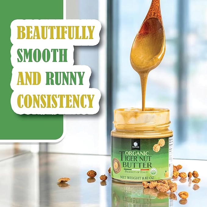 Gourmanity Organic Tigernut Butter Sweet and Nutty Tasting Nut Free Peanut Butter Alternative Compliant With Low Fodmap And Whole 30 Diets Ideal For Dipping And Drizzling 8.8oz / 250g Jar