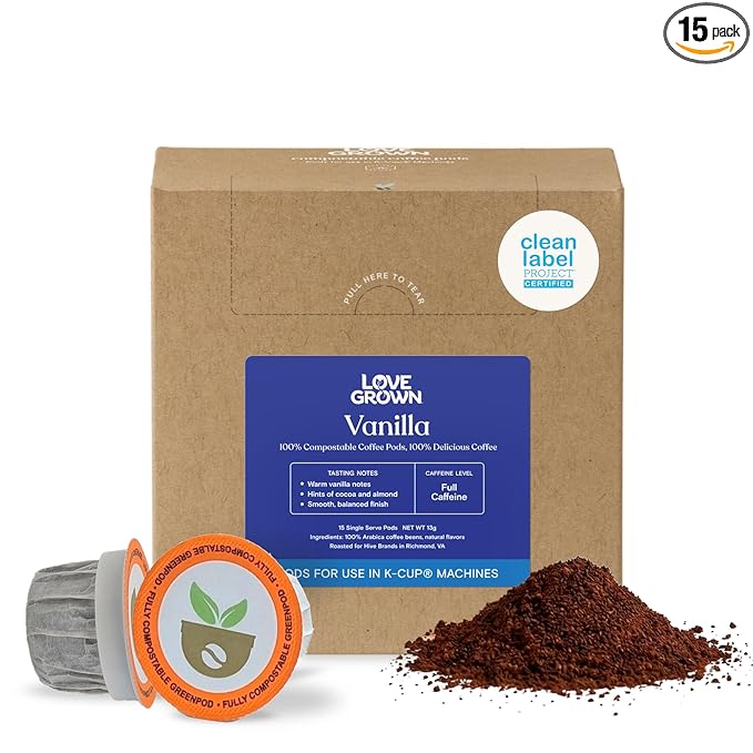 Love Grown Compostable Coffee Pods - Compatible With Most Major Coffee Pod Brewer - 100% Arabica Plastic-Free Non-GMO - Vanilla Box of 15