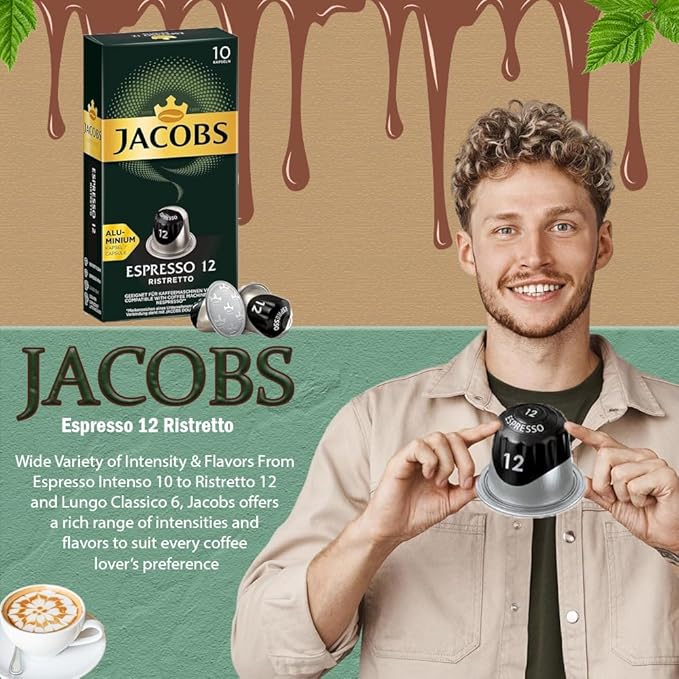 Jacobs Espresso 12 Ristretto 10x10 CAPSULES Coffee Capsules Compatible with (057 USD/1 CAP)