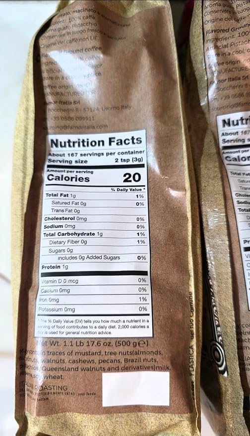 Siena Artie Taormina Pistachio Flavored Ground Coffee. 2 pack. 1.1 Lb a bag It is a flavored ground coffee with a pistachio taste.