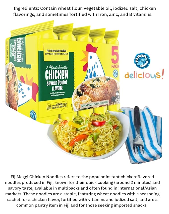 FIJIMaggi 2 Minute Noodles - CHICKEN Flavor (Pack of 3 X 5 PACKS /80g) Prepare a delicious meal in just 2 minutes