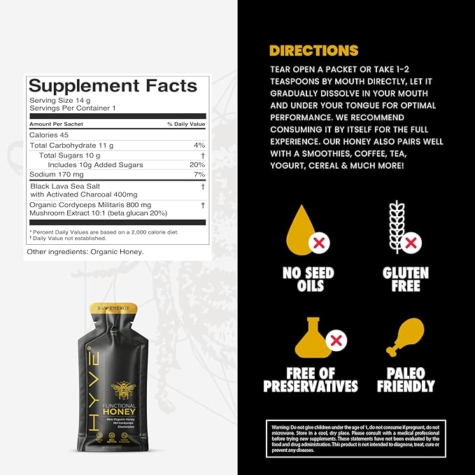 HYVE Functional Pre-workout Honey – Caffeine Free Raw Energy Packets with Organic Cordyceps Mushrooms Volcanic Sea Salt &amp Organic Honey – Energy Boost with Natural Adaptogens Pack of 15 Sachets