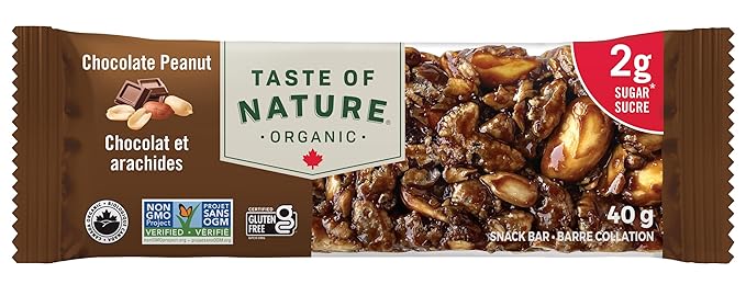 Taste of Nature - Organic 2g Sugar Chocolate Peanut - Low Sugar Snack and Breakfast Bar High Fiber Energy Bar - 16 Count Snack Pack