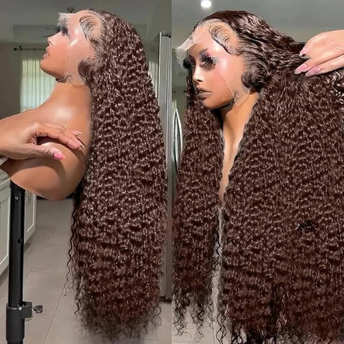 250 Density 32 Inch Deep Wave 360 Lace Front Wigs Human Hair Full Chocolate Brown Lace Front Wig Pre Plucked with Bady Hair Curly Wig 360 Glueless Lace Frontal Wigs for Women