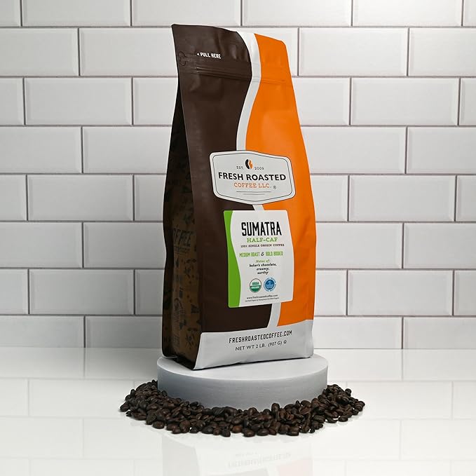Fresh Roasted Coffee Organic Sumatra Water-Processed Half-Caf | 100% Single Origin USDA Organic Kosher | Medium Roast 2 lb (32 oz) Ground