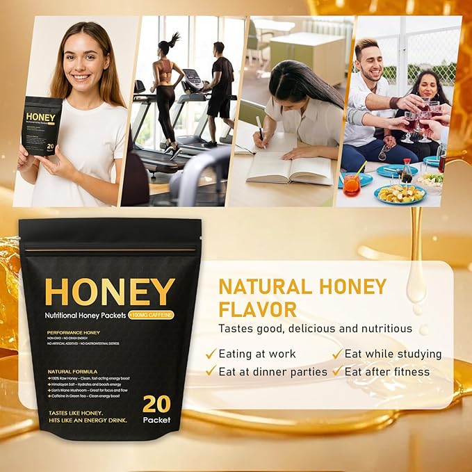 Nutrition Honey Packets - Nutritional Raw Honey 100mg Caffeine With Lions Mane Mushroom Green Tea Caffeine Himalayan Salt Boost Energy &amp Keeps Focused 100% Natural