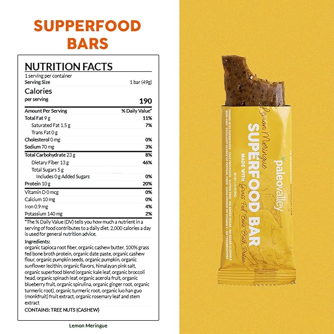Paleovalley Superfood Bars – Lemon Meringue– 10 Pack – 9g Protein per Bar – Gluten-Free Grain-Free Paleo Non-GMO – On-the-Go Snack
