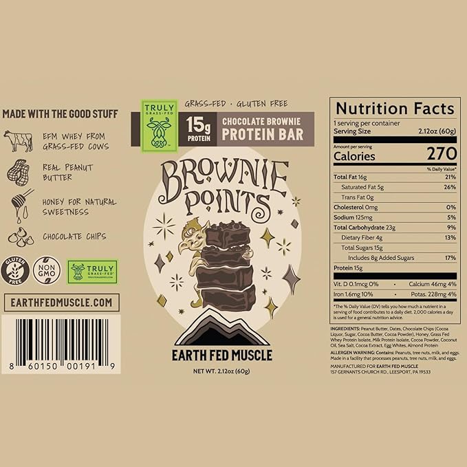 Earth Fed Muscle Brownie Points – Chocolate Brownie Grass Fed Whey Protein Bars | 15g Protein Snack | Gluten Free Non-GMO All-Natural Clean Energy | 2.12 oz Bars (10 Count)