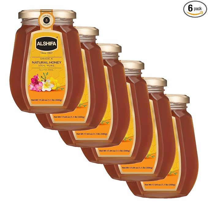 ALSHIFA Natural Honey 17.63oz (500g) | Pack of 6 | Raw Unpasteurized &amp Pure | 100% Pure Wildflower | No Added Sugar | Glass Bottle