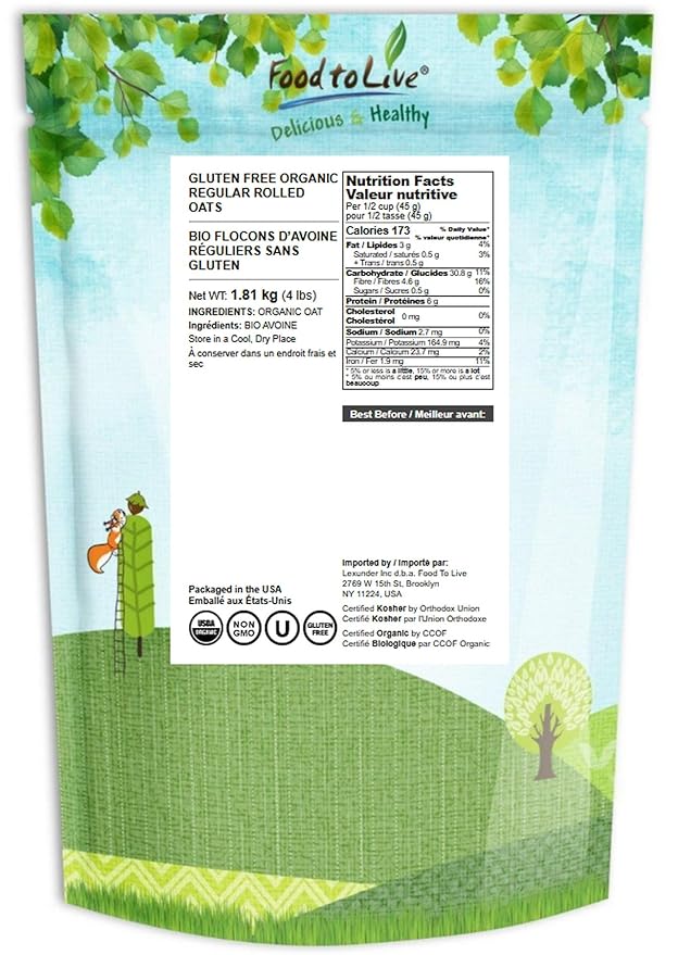 Food to Live Gluten Free Organic Regular Rolled Oats 4 Pounds – Non-GMO Old-Fashioned 100% Whole Grain Vegan Bulk. Rich in Fiber. Great for Oatmeal Cereal Granola Cookies. Made in USA