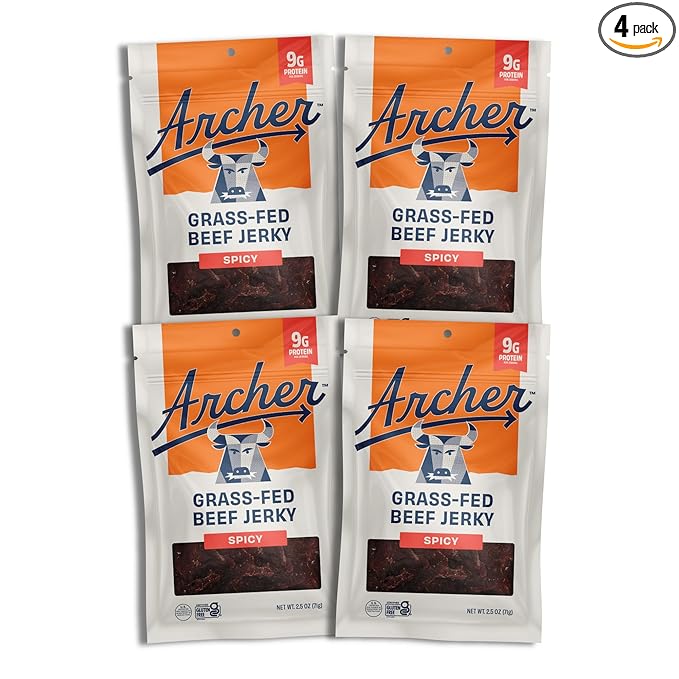 Country Archer Grass Fed Beef Jerky - Beef Snack Pack Bulk Individual Bags Protein Snack Gluten Free Real Ingredients Spicy Flavor - Fuego Flavor 2.5 Oz (Pack Of 4)