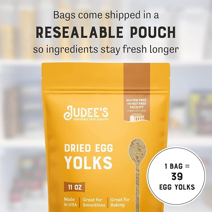 Judee's Gluten Free Dried Egg Yolk Powder - Egg Substitute for Baking &amp Cooking - Protein Powder for Smoothies &amp Sauces - Gluten Free &amp Non-GMO Staple - 11 Oz