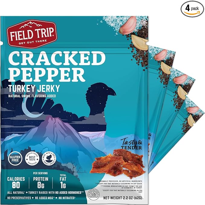 Field Trip Turkey Jerky Gluten Free Low Carb Healthy High Protein Snacks No Nitrates All Natural Ingredients Cracked Pepper 2.2oz Bags 4 Pack
