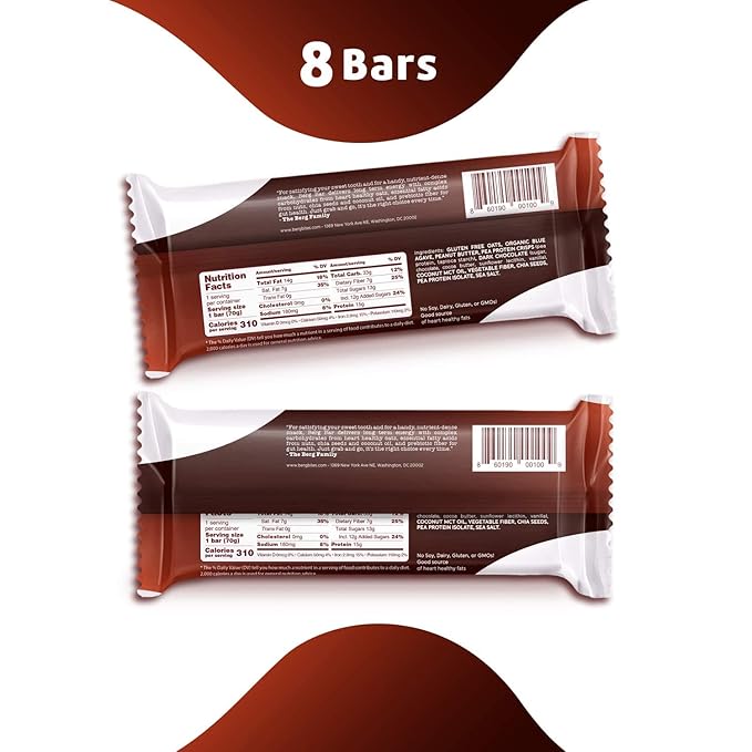 Berg Oat N' Energy Bar | Peanut Butter &amp Dark Chocolate | Plant Based Protein Bar | Non-GMO Gluten Free Nut Free and Vegan | Low Sugar Healthy Snack Bar | High Fiber | On The Go | 2.5oz (8 Pack
