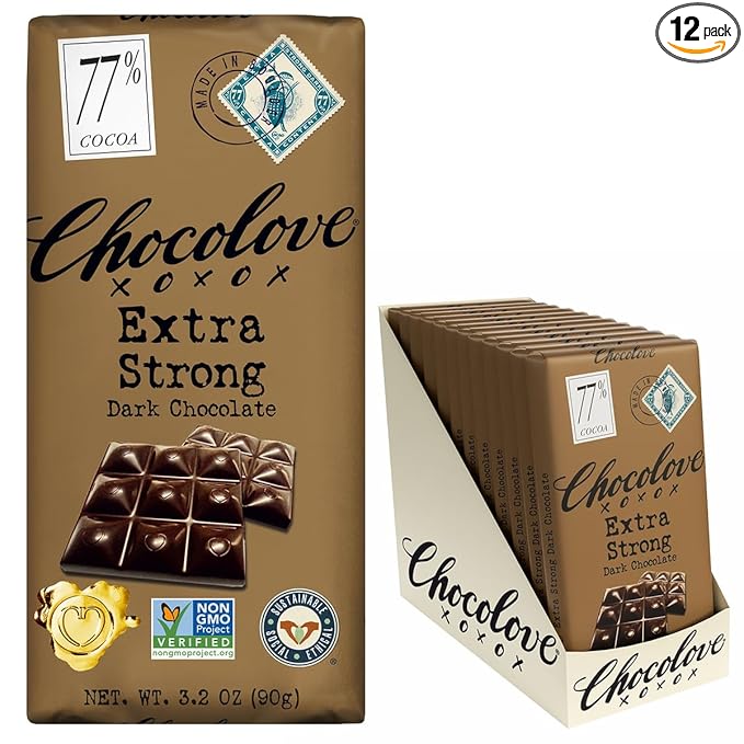 Chocolove Extra Strong Dark Chocolate Bars | 77% Cocoa | Strong &amp Smooth Premium Dark Chocolate | Rainforest Alliance Certified Non-GMO 3.2 oz Bar (12 Pack)