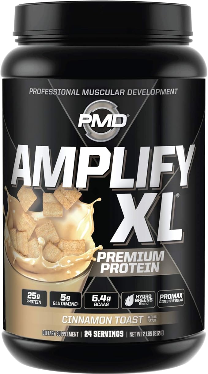 PMD Sports Amplify XL Premium Whey Protein Supplement Hydro Greens Blend - Glutamine and Whey Protein Matrix with Superfood for Muscle Strength and Recovery - Cinnamon Toast (24 Servings)