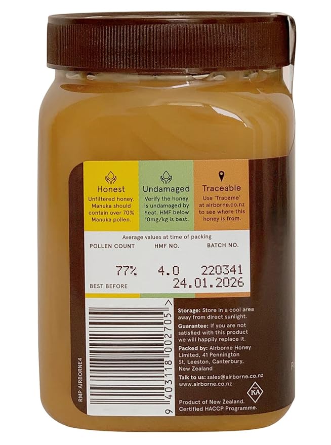 Airborne Manuka Honey Monofloral 70+ 100% Pure New Zealand Honey. Certified. Guaranteed. RAW. Non-GMO (17.85 oz)