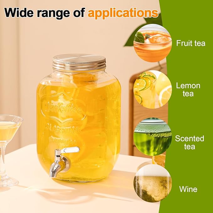 1 Gallon Beverage Dispenser Glass Drink Dispensers for Parties Fruit Infuser and Stainless Steel Spigot 100% Leakproof Beverage Dispenser for Lemonade Sun Tea
