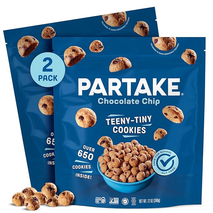 Gluten Free Partake Teeny Tiny Crunchy Chocolate Chip Cookies - Vegan - Free From the Top 9 Allergens Including Dairy Wheat Soy Eggs &amp Peanuts - Non GMO - Safe School &amp Office Snack (2 Pac