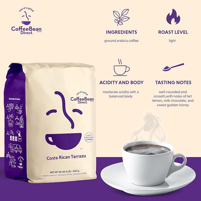 Coffee Bean Direct Costa Rican Tarrazu Ground Coffee Arabica Coffee Light Roast 5 Pound Bag (Pack of 1)