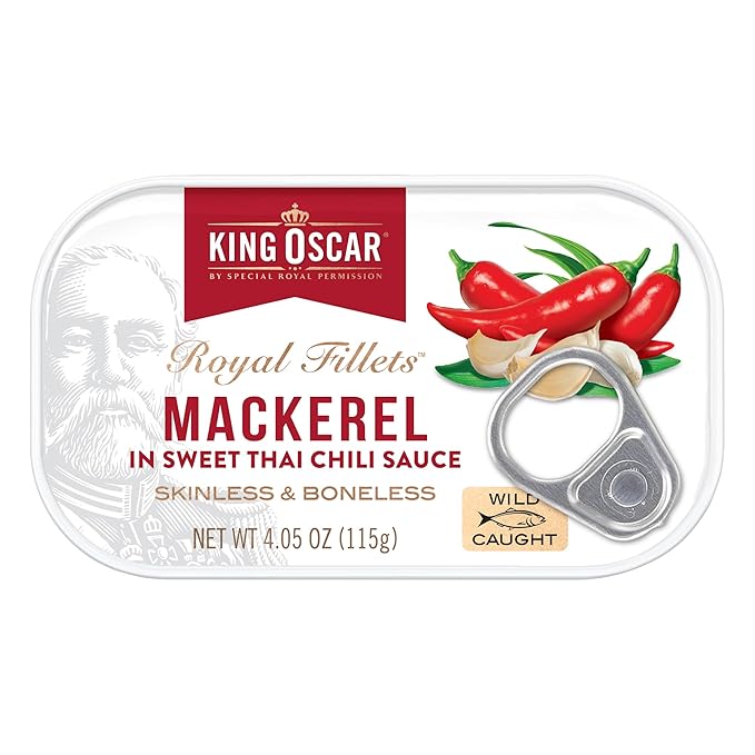 King Oscar Mackerel in Sweet Thai Chili Sauce 4.05 Ounce Can (Pack of 12) Skinless &amp Boneless Wild Caught Canned Mackerel