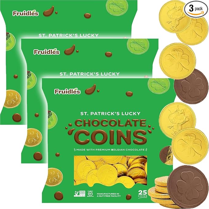 St. Patrick's Day 25 Chocolate Coins Gold Shamrock Coins Foils Belgian Milk Chocolate Clover Coins Resealable Bag Nut-Free (3 Bags)