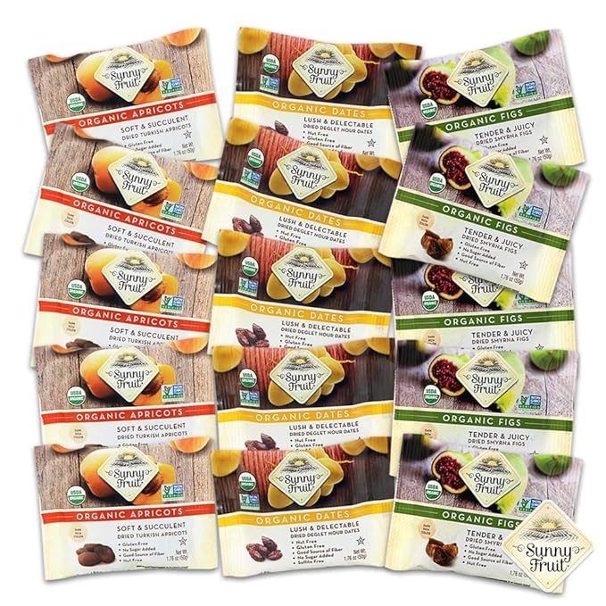 Sunny Fruit Organic Dried Fruit Assortment - Dates Figs &amp Apricots Variety 3 Bags (15 Individual Portion Packs) | No Preservatives No Sugar Added | ORGANIC NON-GMO VEGAN HALAL KOSHER