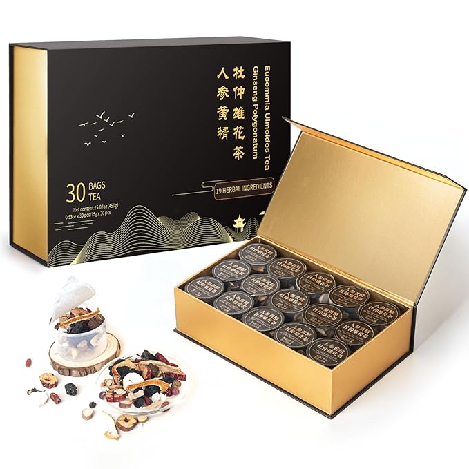 Tea Gift Set - Ginseng Polygonatum Eucommia Male Flower Tea Travel Edition Gift Box for Men Women No Additives Caffeine Free 19 Precious Natural Herbal Ingredients（30 Cans/1 Box)