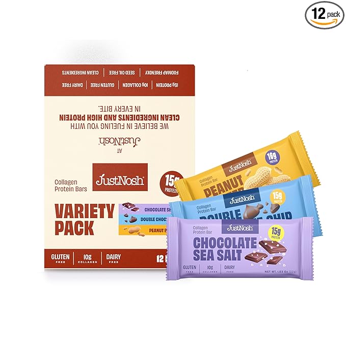 JUSTNOSH Chocolate Lover's Variety Pack Collagen Protein Bars – 15g Protein 10g Collagen | Gluten &amp Dairy Free Low FODMAP Seed Oil Free (12 Pack)