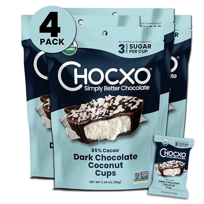 Chocxo Dark Chocolate Coconut Cups - Truly Indulgent Low in Real Sugar Organic Non-GMO Keto Certified Certified Gluten Free and Kosher No Artificial Sweeteners or Sugar Alcohols Decadent 85%